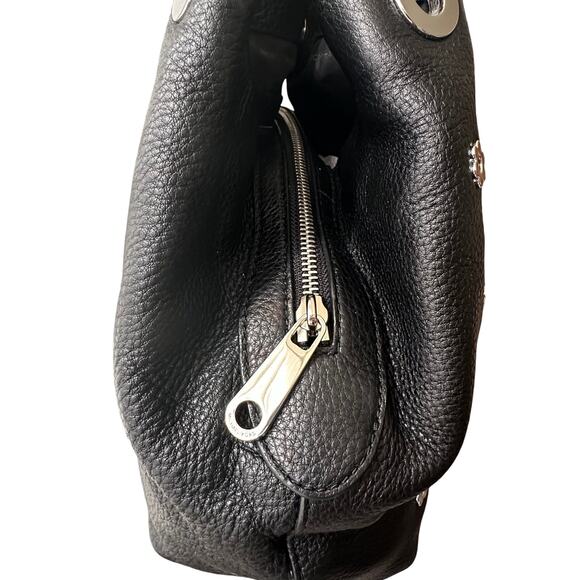 Michael Kors Black Leather Raven Silver Flower Stud Large Shoulder Tote Purse - Picture 13 of 16